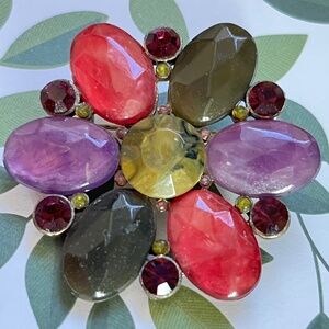 ARTISAN Brooch Jewel Tone Floral Resin & Rhinestone Vintage